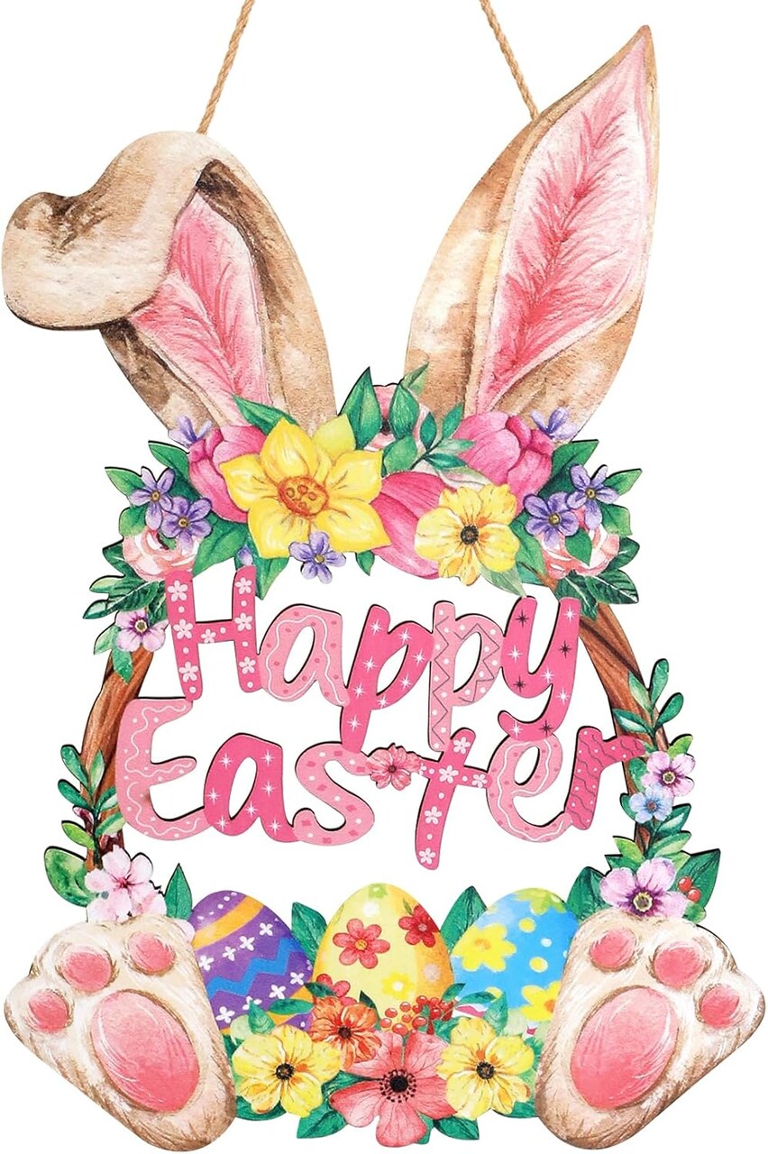 Wooden Bunny Easter Wreath – Front Door & Wall Decor with “Happy Easter” Sign, Cutout Rabbit, Indoor & Outdoor Spring Decoration